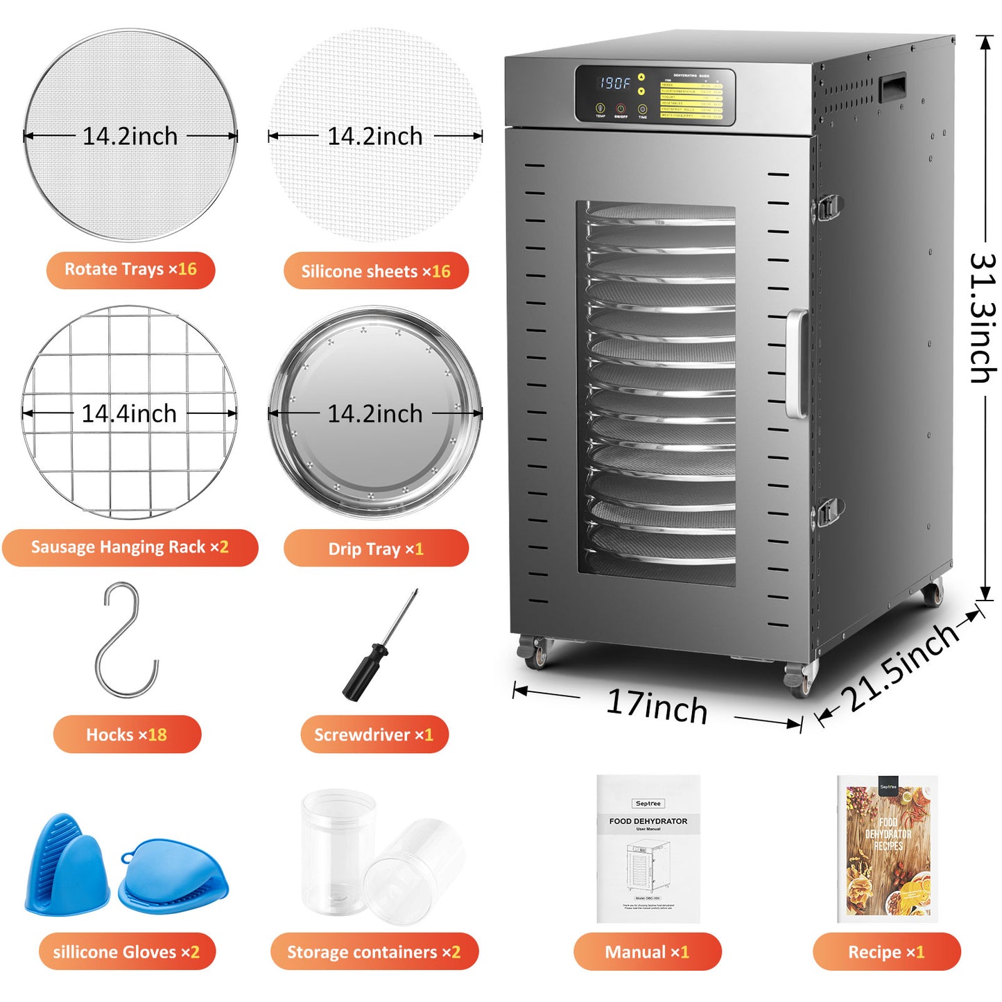 360 Rotating Dehydrator 16 Trays, Explosive New Product , 1500W, 120V/60Hz, Commercial Large Capacity Auto-Rotate Food Dryer Machine with Timer, for Beef Jerky Herbs Dog Treats