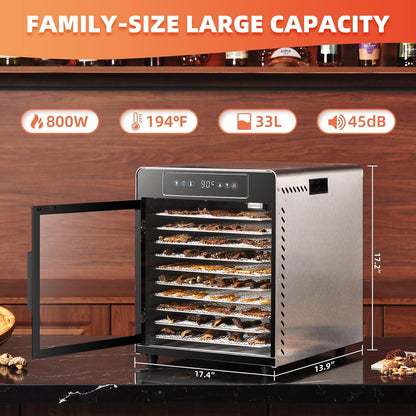 Septree Food Dehydrator for Jerky 800 Watts, 8.8ft²- 10 Stainless Steel Trays Countertop Food Dryer Machine - Septree