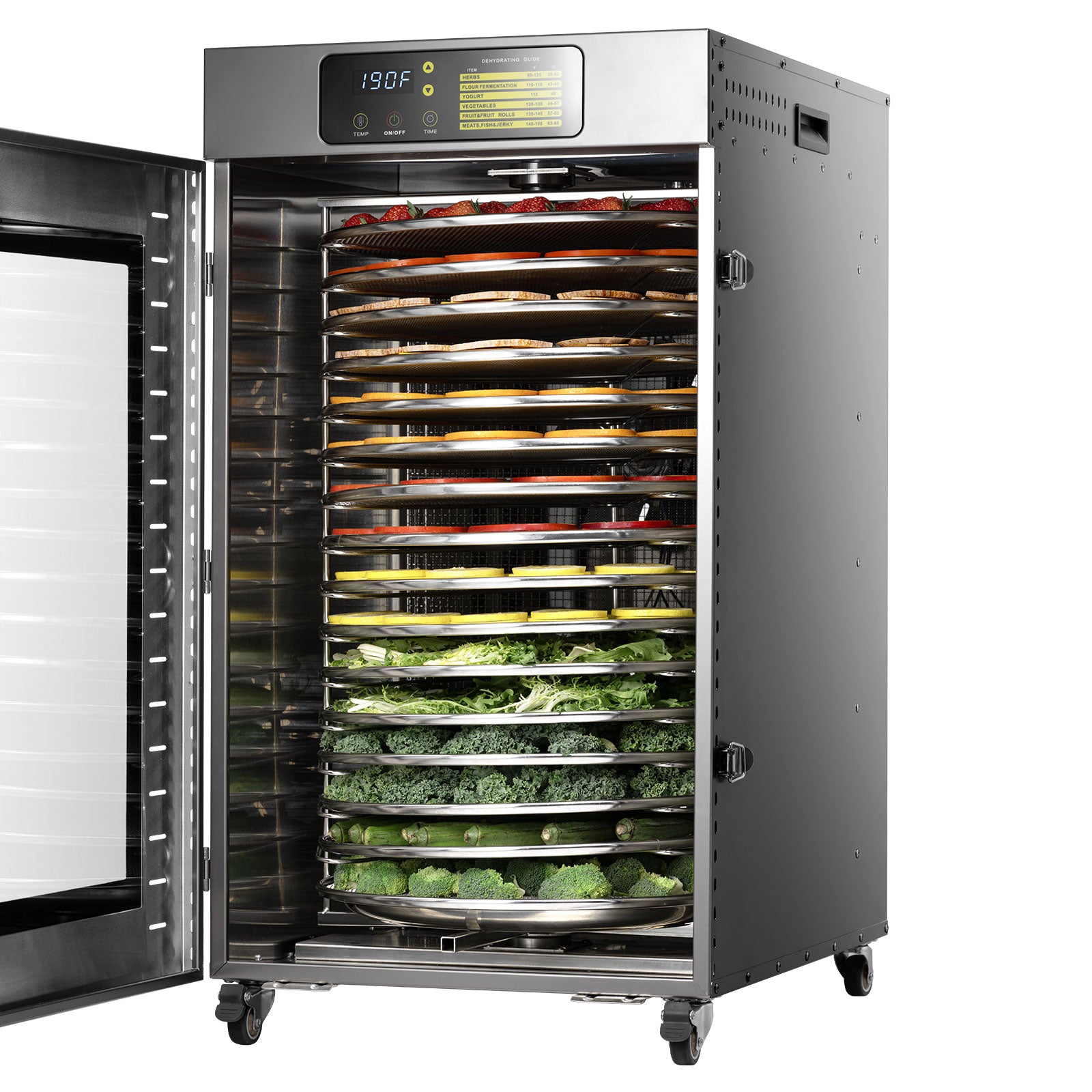fully automatic 16-tray commercial stainless steel food dehydrator, front view with large touchscreen