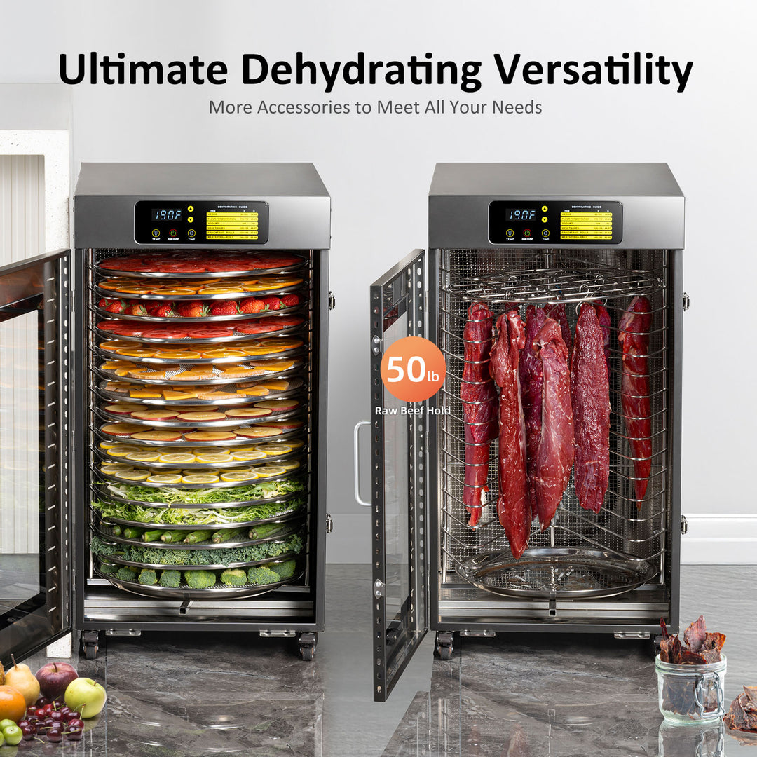 inside view of 16-tray automatic commercial dehydrator, pull-out stainless steel racks for batch drying