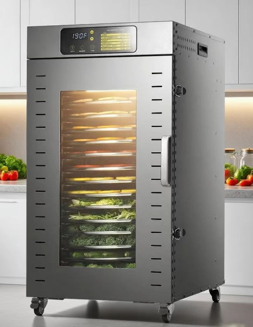 fully automatic 16-tray commercial stainless steel food dehydrator, front view with large touchscreen