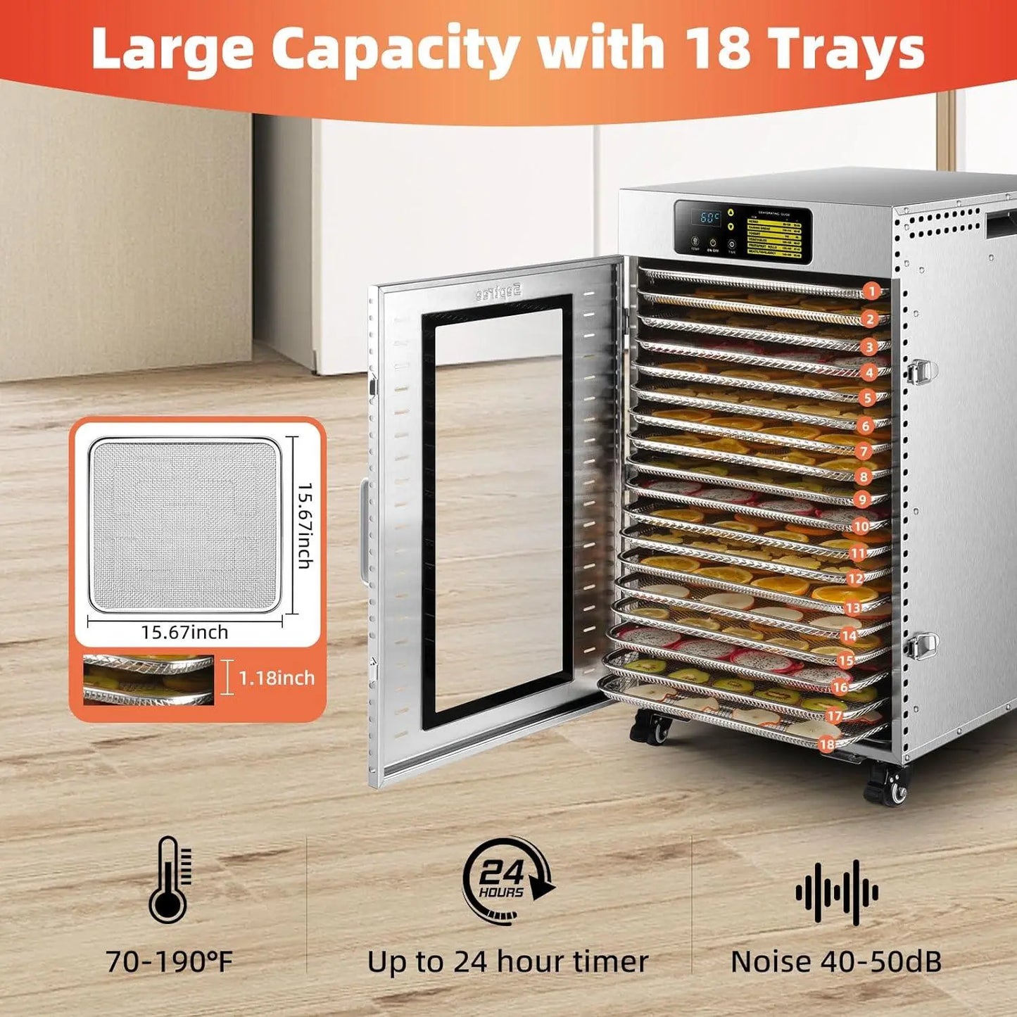 18 Trays Large Food Dehydrator Commercial Dehydrator in Stainless Steel, DBC-18A - Septree