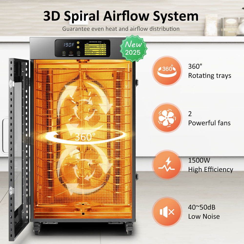 360 Rotating Dehydrator 16 Trays, Explosive New Product , 1500W, 120V/60Hz, Commercial Large Capacity Auto-Rotate Food Dryer Machine with Timer, for Beef Jerky Herbs Dog Treats