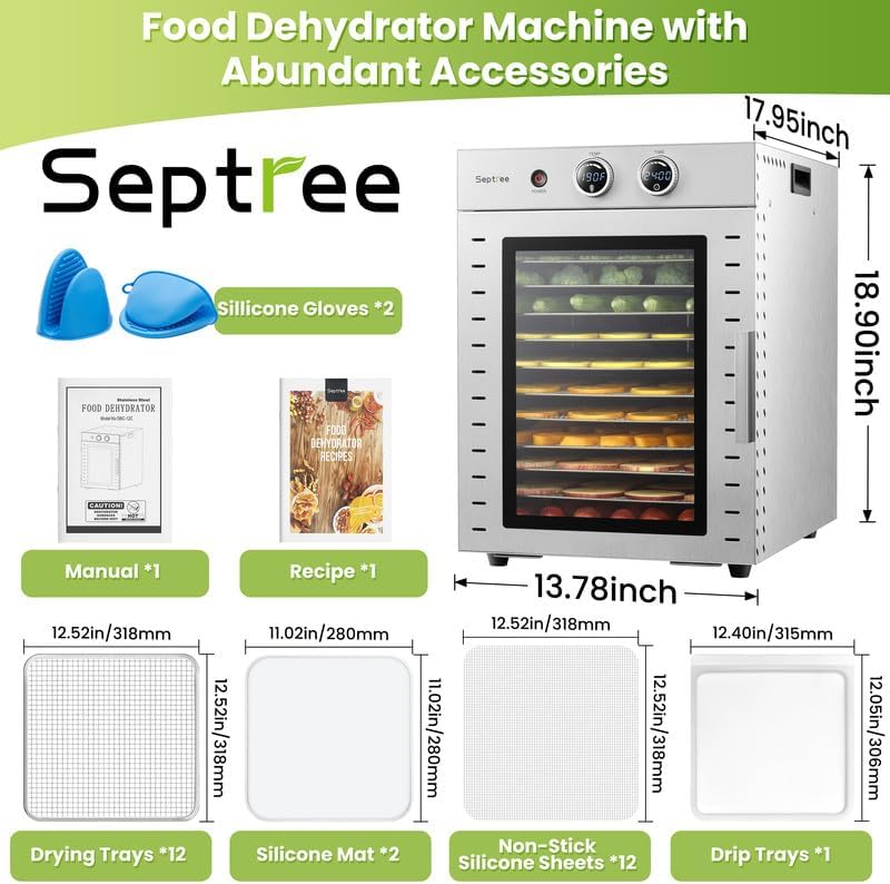 12 Tray Stainless Steel Food Dehydrator for Fruit Jerky and Meat