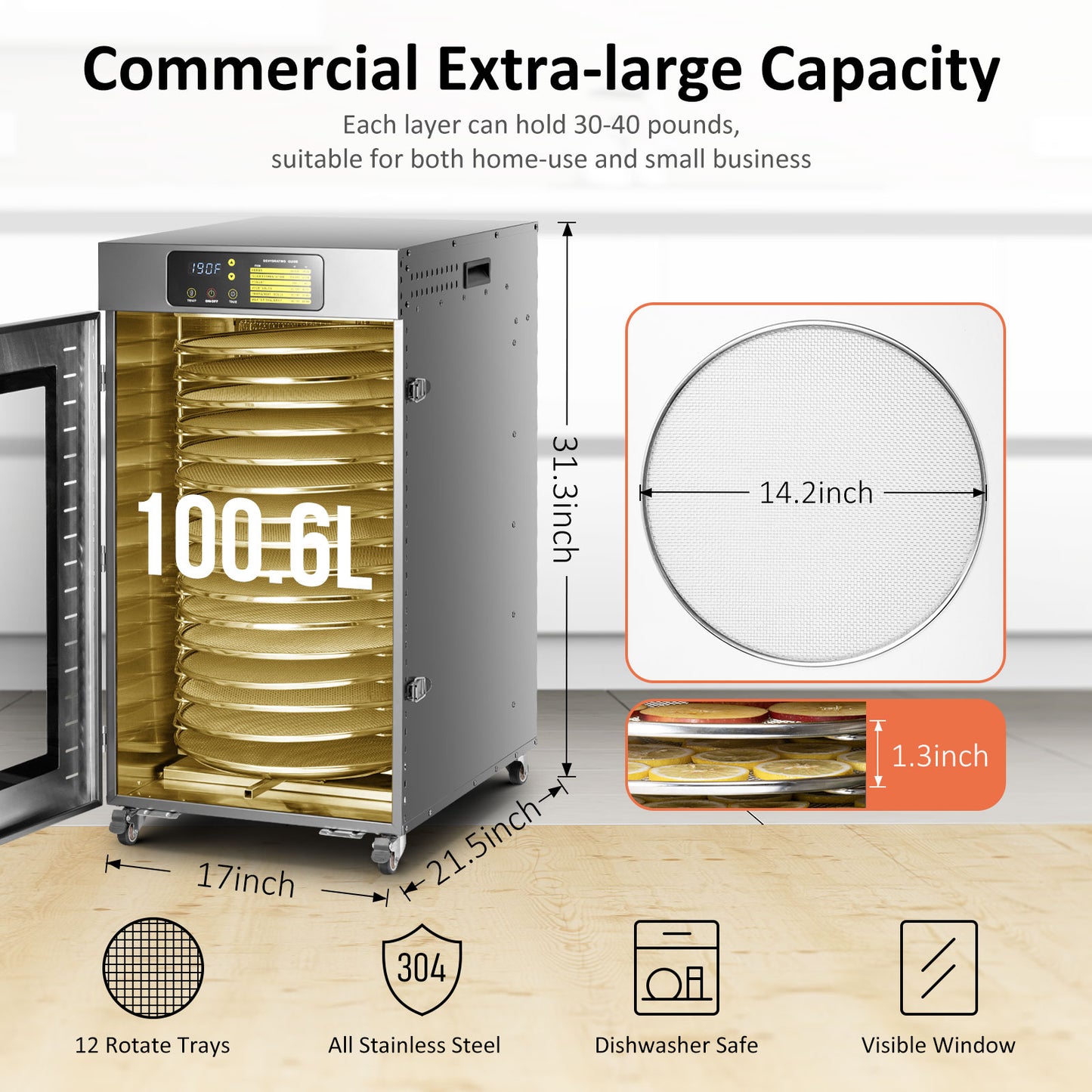 360 Rotating Dehydrator 16 Trays, Explosive New Product , 1500W, 120V/60Hz, Commercial Large Capacity Auto-Rotate Food Dryer Machine with Timer, for Beef Jerky Herbs Dog Treats
