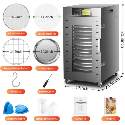 360 Rotating Dehydrator 16 Trays, Explosive New Product , 1500W, 120V/60Hz, Commercial Large Capacity Auto-Rotate Food Dryer Machine with Timer, for Beef Jerky Herbs Dog Treats