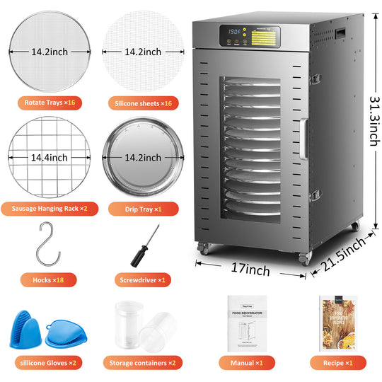 360 Rotating Dehydrator 16 Trays, Explosive New Product , 1500W, 120V/60Hz, Commercial Large Capacity Auto-Rotate Food Dryer Machine with Timer, for Beef Jerky Herbs Dog Treats