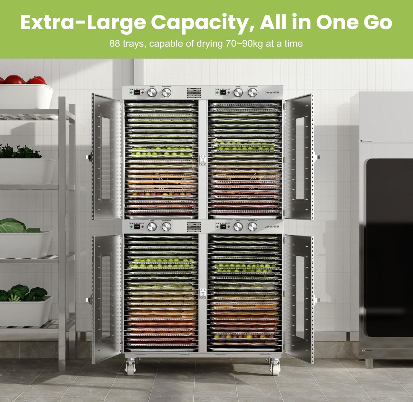88-trays commercial dehydrator with full stainless steel racks, designed for high volume food processing in factories or central kitchens