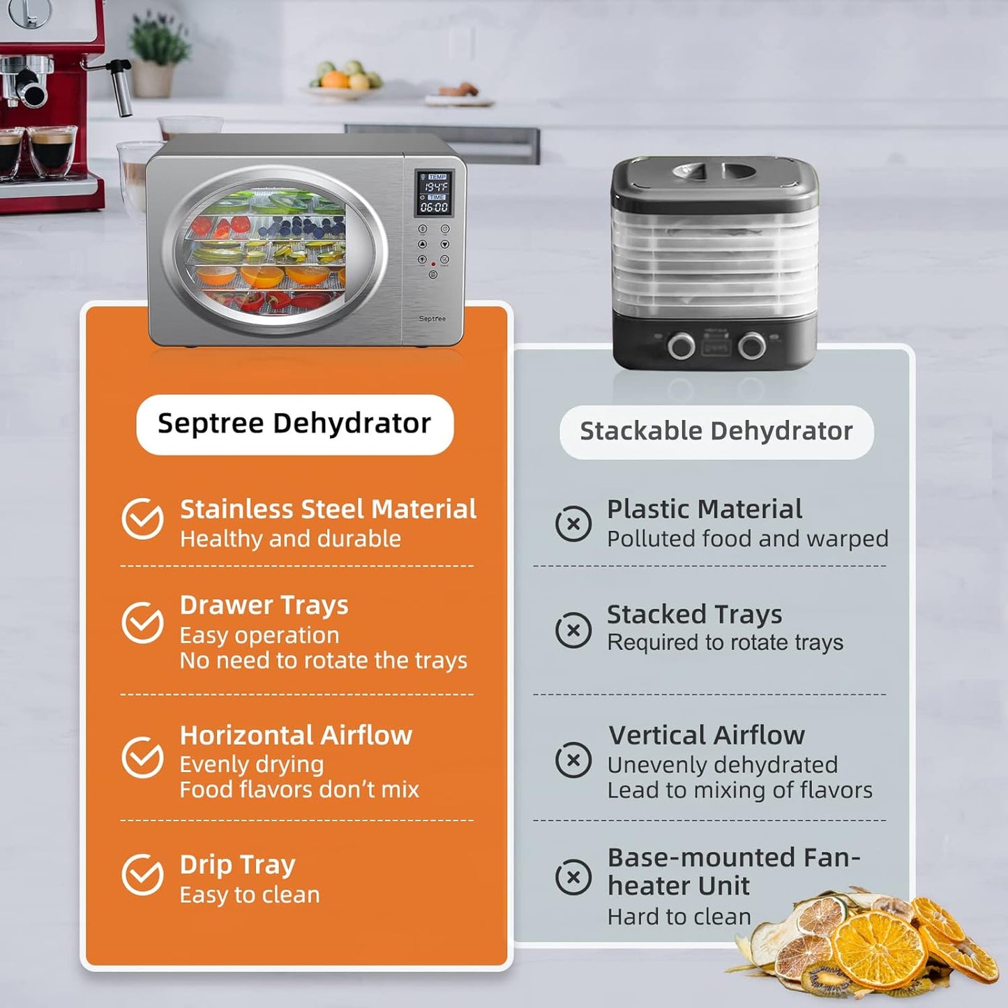 Septree™ 6 Trays Fruit And Vegetable Dehydrator, Stainless Steel Dryer Machine