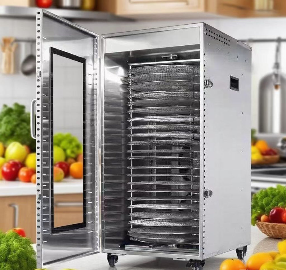 open door view of 22 trays automatic rotation dehydrator showing multiple rotating racks and rail system